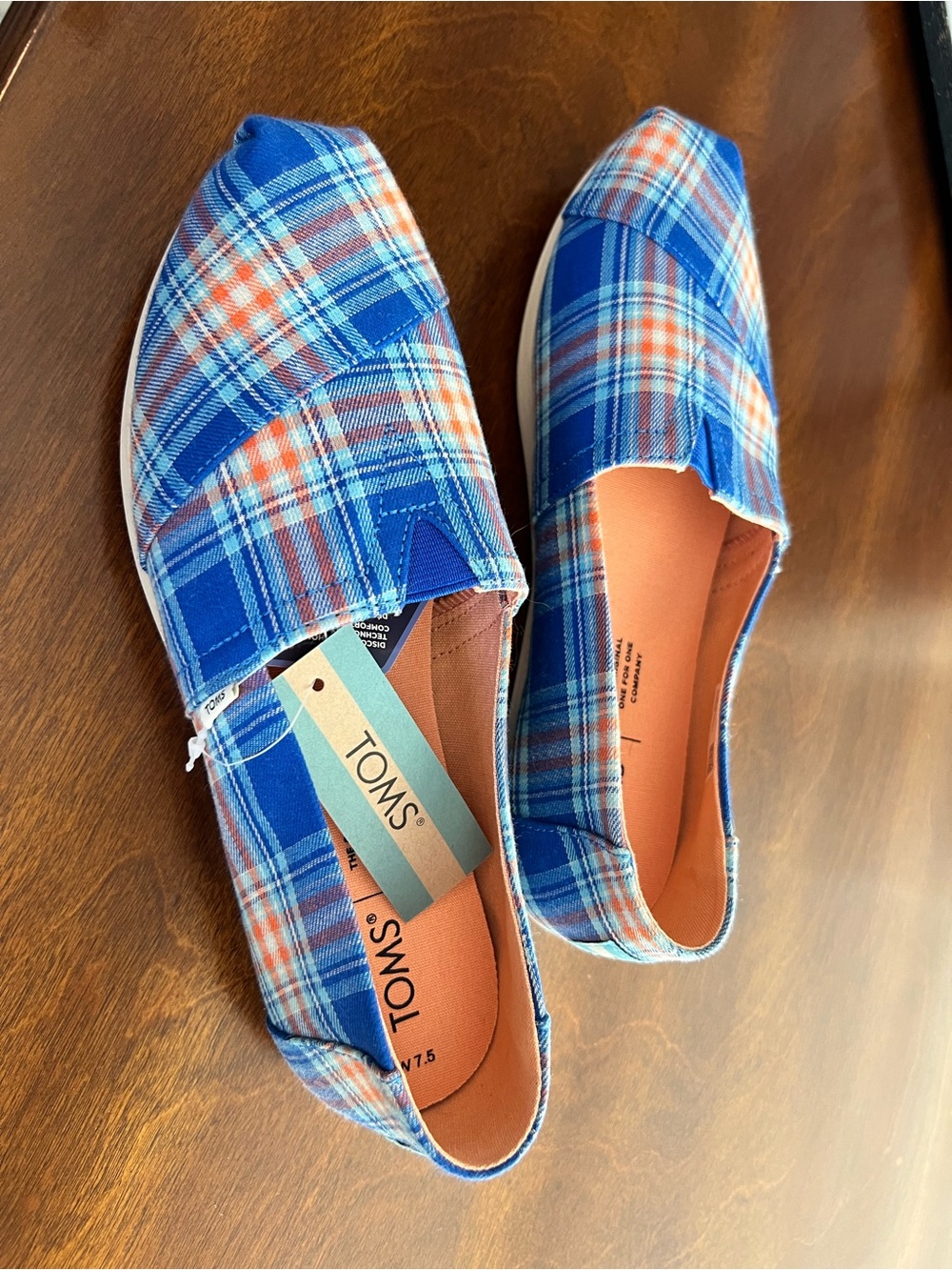 TOMS Classic Plaid Slip-On Shoes in Blue and Orange